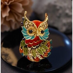 Cute‎ Owl Bird Brooch Elegant Gold Blue Orange Green Feathers Sparkly Animal Pin